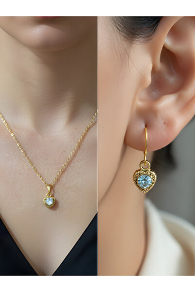 TURBİJ White Stone Heart Detail Women's Necklace Earring Set