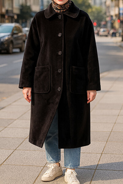 Lale Butik Button and Pocket Detail Long Cap Jacket 15220 Black