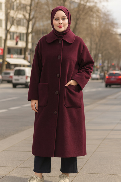 Lale Butik Button and Pocket Detail Long Cap Jacket 15220 Claret Red