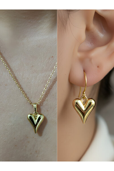 TURBİJ Gold Heart Detail Women's Necklace Earring Set