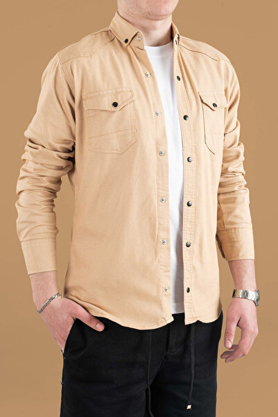 bombe Slim Fit Men's Denim Shirt Khaki