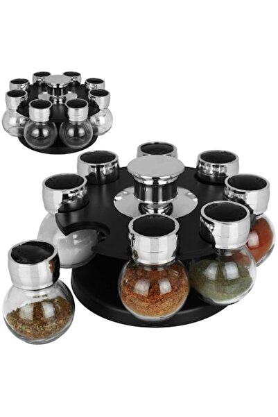 GENERAL Set of 8 Spice Jars with Rotating Stand, Glass and Metal-Look Lids, 21 cm, Black
