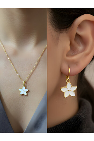 TURBİJ White Flower Detail Women's Necklace Earring Set