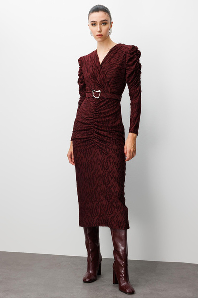 Moda İlgi Women's Double-Breasted Ruched Detail Jacquard Burnt Fabric Waist Belted Pencil Dress 0022 Claret Red