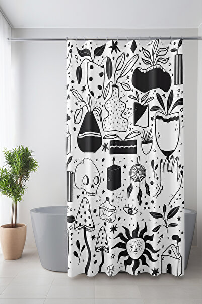 Moud's ستارة حمام، ستارة دش منقوشة برموز سوداء، ستارة حوض استحمام، مع حلقة هد...