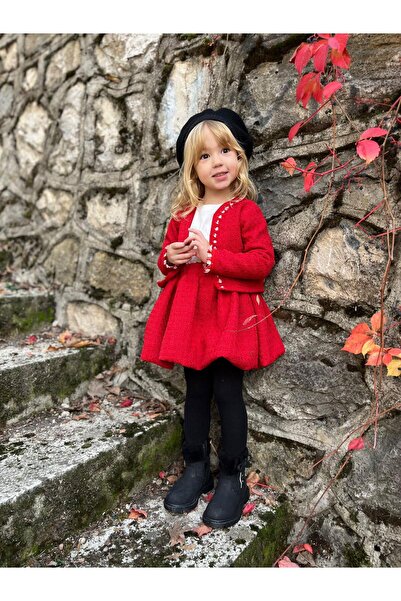 Magu Girl's Cotton Red Knitted Detailed Cardigan & Pleated Skirt Set