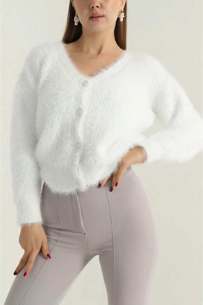 mahira collection White Women's Plush-Looking Soft V-Neck Buttoned Knitwear C...
