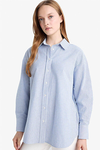 DeFacto D4772Axbe409 Blue Relax Fit Oxford Striped Long Sleeve Shirt Tunic