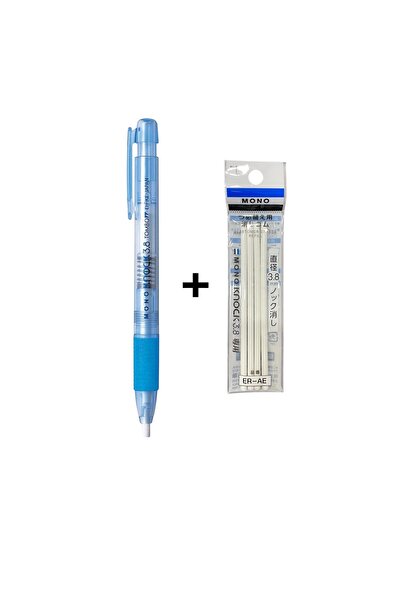Tombow Mono Knock 3.8 Yuvarlak Basmalı Kalem Silgi Mavi ve 4'lü Yedek Silgi Seti