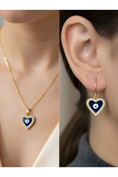 TURBİJ Heart Evil Eye Stone Elegant Detail Women's Necklace Earring Set