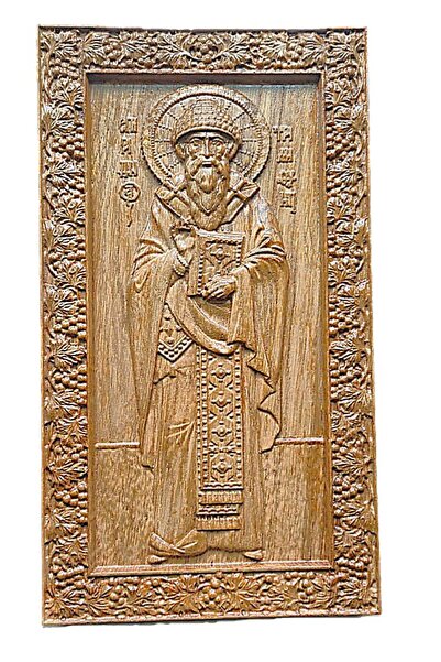 OEM WOOD CARVED ICON OF SAINT SPYRIDON