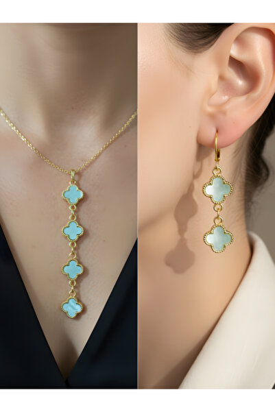 TURBİJ طقم أقراط وقلادة نسائية بتفاصيل أوراق الشجر الأربعة باللون الأزرق