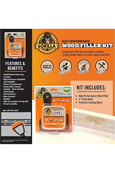 GORILLA All Purpose Wood Filler Wood Repair Kit with Putty Knife and Sanding Block