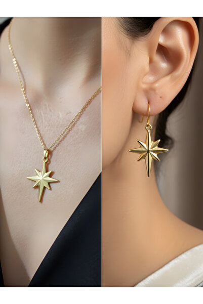 TURBİJ Star Long Pointed Detail Women's Necklace Earring Set