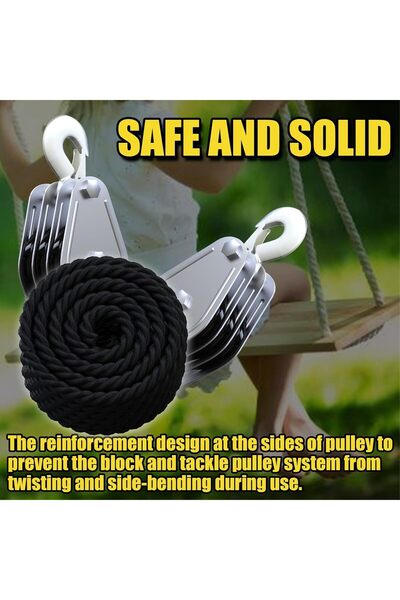 TERRIFI Block and Tackle Pulley System — 2200 lb Breaking Strength, 50 ft Rope, 5:1 Lifting (Black
