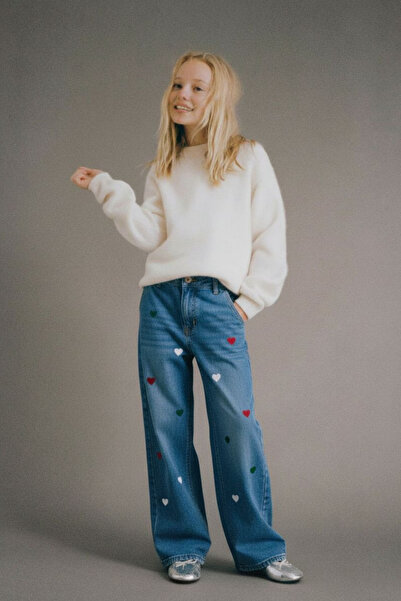 Magu Girls' Cotton Blue Heart Wide-Leg Jeans – Comfortable and Durable