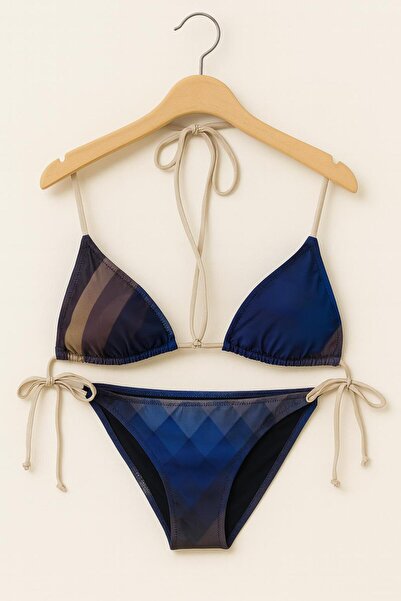 RAPAPA Women's Triangle Patterned Bikini Set – Navy Blue Gradient, Drawstring Adjustable 1001-63