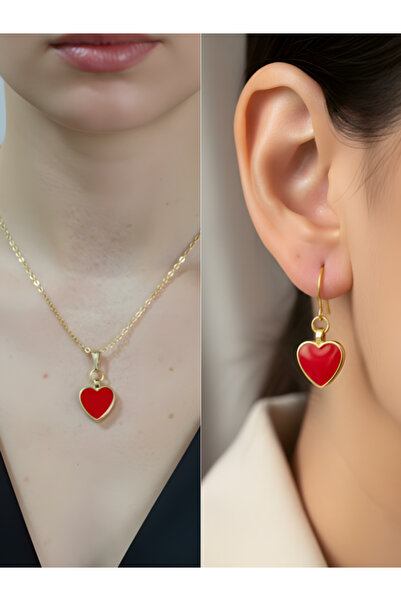 TURBİJ Red Heart Detail Women's Necklace Earring Set
