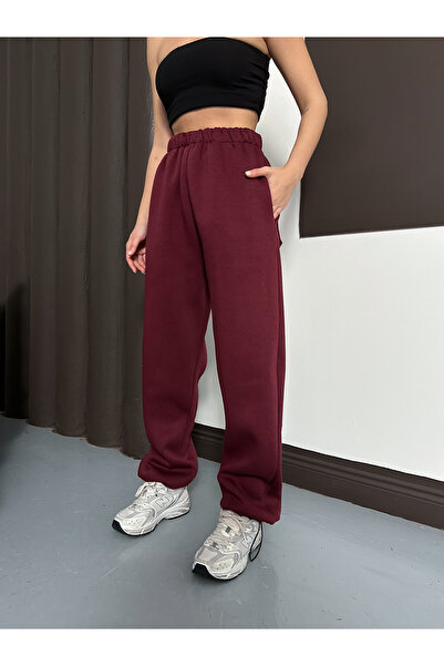 Ergün Women's High Waist Extra Loose Fit Adjustable Leg Opening Back Pocket 3-Thread Winter Trousers