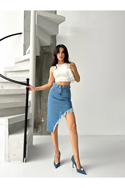 KENE JEANS Women's Skirt Tassel Asymmetric Denim Skirt