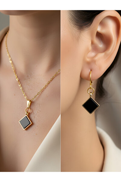 TURBİJ Black Square Detail Women's Necklace Earring Set