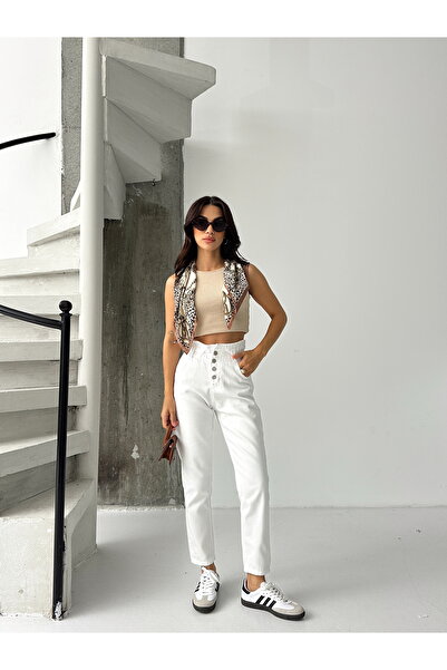 SHEVEGA Women's White Patterned Buttoned Belt with Drawstring Mom Jeans