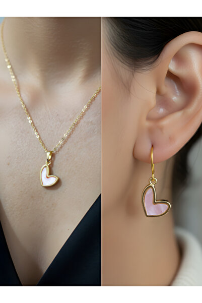 TURBİJ Pink Heart Detail Women's Necklace Earring Set