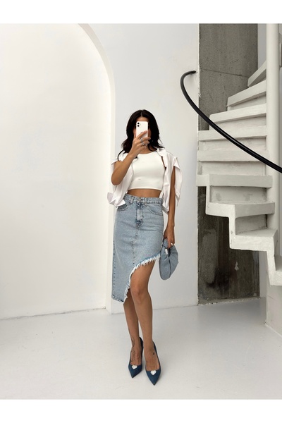 KENE JEANS Women's Skirt Tassel Asymmetric Denim Skirt