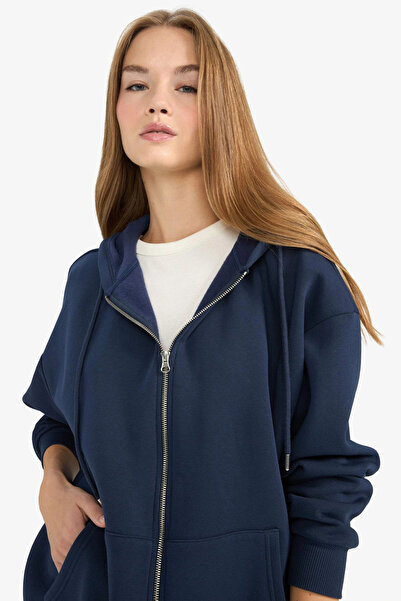 DeFacto V4233Aznv256 Navy Blue Oversized Wide Fit Hooded Zippered Sweatshirt