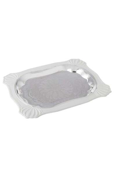 Dania ✨ Elegant rectangular metal serving dish in silver and white, measuring 35 x 26 cm ✨