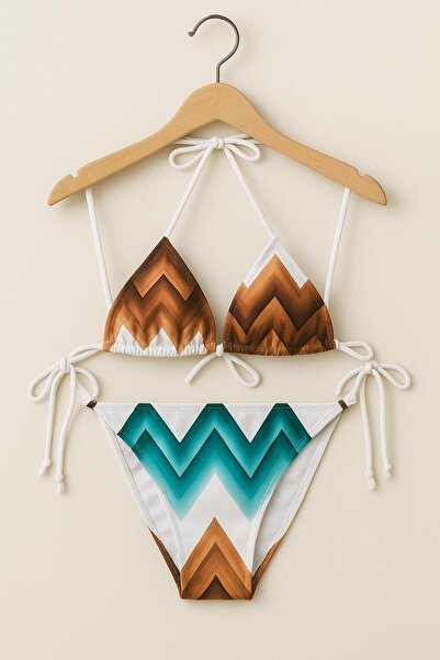 RAPAPA Women's Triangle Halter Patterned Bikini Set – Brown Turquoise Chevron Printed , Drawstring Adjustable 10