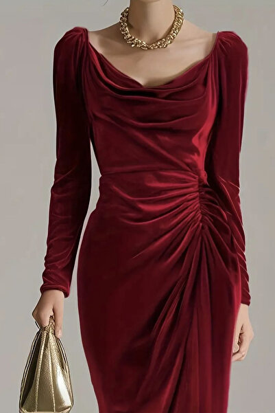 missamour Women's Long Sleeve Waist Drawstring Detail Midi Velvet Dress