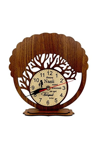 OEM Ceas decorativ din lemn pentru brad, pentru nași, cu mesaj gravat, 25 cm