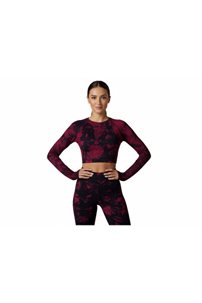 Wyv Kadın Bordo Kırmızı Siyah Batik Desenli İçi Şardonlu Termal Spor Takım