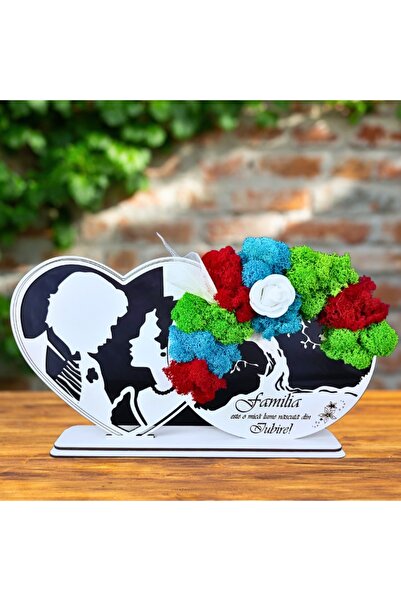 OEM Decorative panel with stabilized lichens, personalized heart engraved 'Family', 30x16 cm, wh