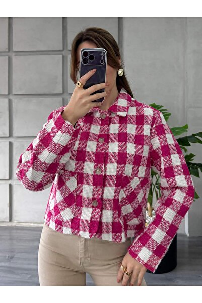 Coral Kareli Kaşe Ceket 0253 Fuşya