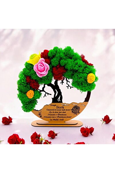 OEM Tree of Life wall art with stabilized lichens, personalized "Dear Sister", 25cm, black