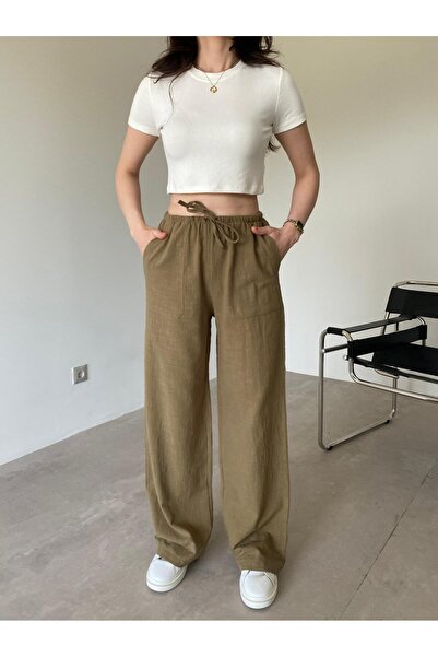 Bade Butik خصر كاكي برباط من الكتان بنطلون واسع الأرجل