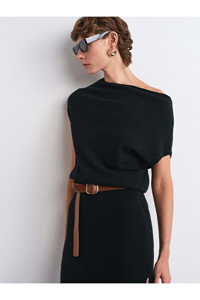 Serpirella Butik Asymmetrical Collar Wool Belted Knit Dress