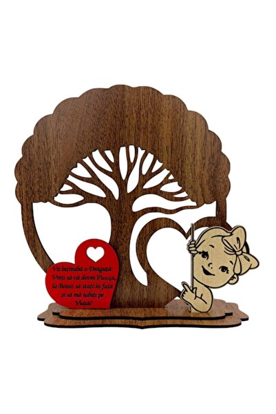 OEM Brad din lemn cu siluete și mesaj pentru Botez/Nași la cerere, model 2, p...