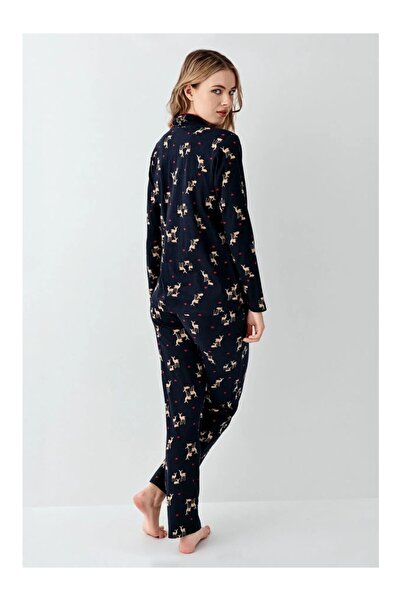 ROZELT Women's Navy Blue Deer Patterned 100% Cotton Pajama Set