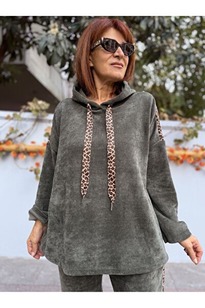 DenizEge Italian K Hooded Leopard Velvet Suit Khaki