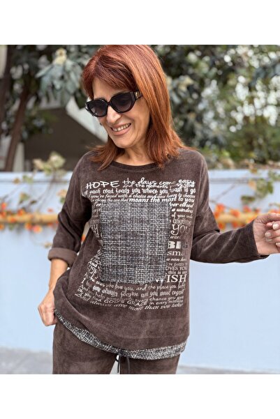 DenizEge Γυναικείο ιταλικό βελούδινο κοστούμι καφέ