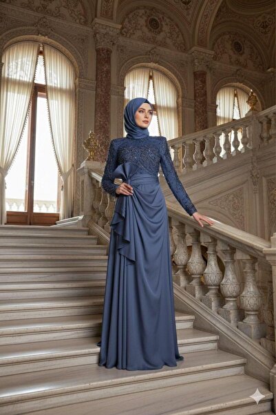 Kenzel İşlemeli Uzun Kollu Tesettür Abiye Elbise