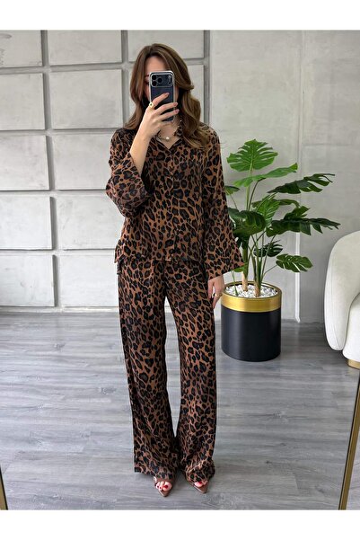 Coral Leopar Desenli Gömlek Pantolon Takım 7184 Kahve