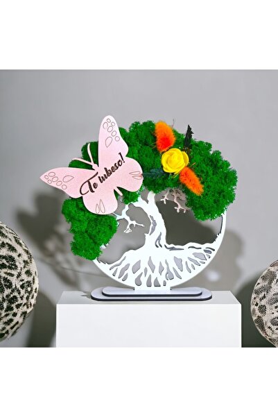 OEM Tree of Life frame with stabilized lichens and laser-engraved butterfly 'I love you', 20 cm, white