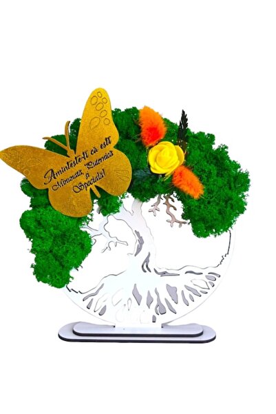 OEM Tablou "Copacul Vieţii" cu licheni stabilizaţi, fluture gravat, 15 cm, alb