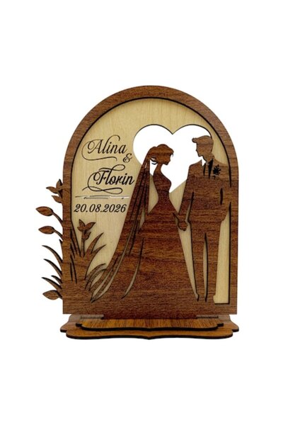 OEM Wooden Wedding Decoration – Bride & Groom Silhouette with Name and Date, 21x18 cm, Wenge