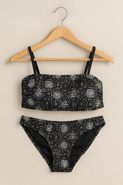 RAPAPA Women's Black Patterned Bikini Set – Strappy Top – High Quality Swimwear Fabric 1440