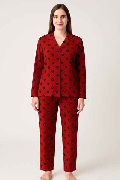 Pemilo Women's 0287 Buttoned Front Suede Long Sleeve Pajama Set Red